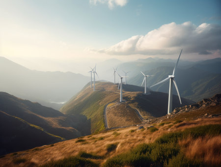 Wind turbines on beautiful sunny summer autumn mountain landsape. Generative AIの素材