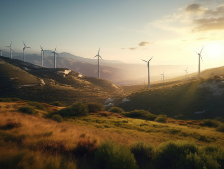 Wind turbines on beautiful sunny summer autumn mountain landsape. Generative AIの素材