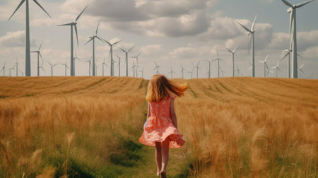 Adorable girl standing in wind turbine field. Green alternative energy, Generative AIの素材