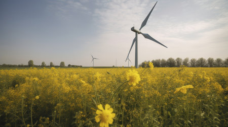 Wind turbine in a yellow flower field, Alternative energy. Generative AIの素材