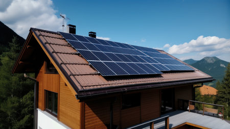 Alternative green energy, solar panels on the roof top of the house. Generative AIの素材