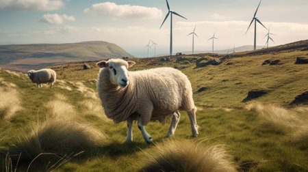 Sheep grazing near wind turbines on the mountain. Generative AIの素材