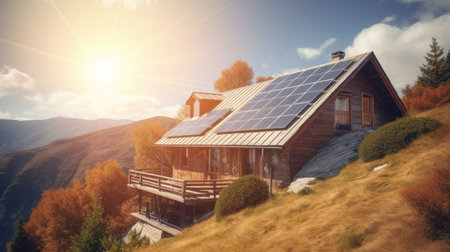 eco-friendly house with solar panels on the roof surrounded by green nature. Generative AIの素材