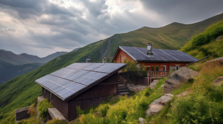 eco-friendly house with solar panels on the roof surrounded by green nature. Generative AIの素材