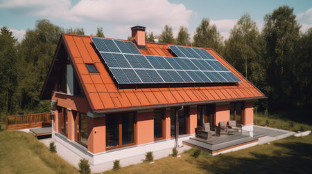 Alternative green energy, solar panels on the roof top of the house. Generative AIの素材