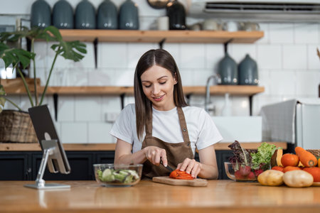 Attractive young woman cutting vegetables for salad in the kitchenの写真素材