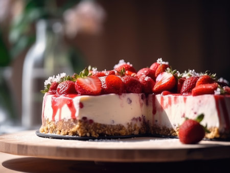 Beautiful homemade Strawberry cheesecake. Generative AIの素材