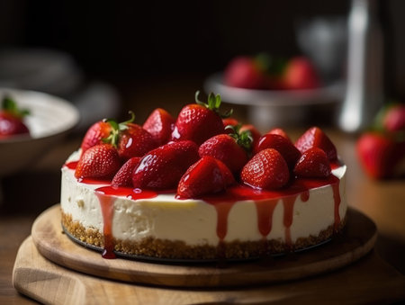 Beautiful homemade Strawberry cheesecake. Generative AIの素材