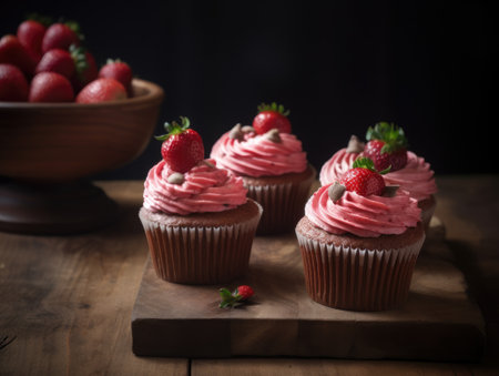 Homemade pink sweet cupcakes strawberries. Generative AIの素材