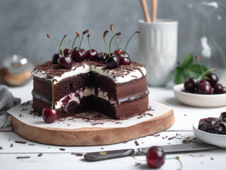 Black forest cake, dark chocolate and cherry dessert. Generative AIの素材