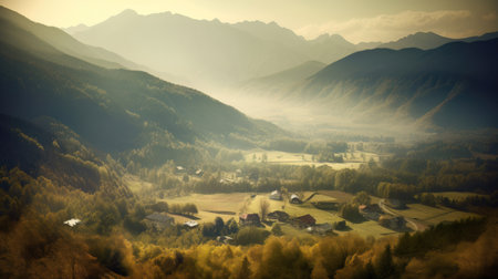 Image of mountain valley with mountains and a forest. Generative AIの素材