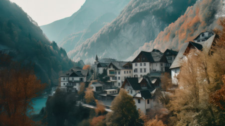 Beautiful old town surrounded by mountains view. Generative AIの素材