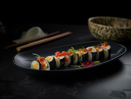 Delicious sushi rolls on black table, Japanese food. Generative AIの素材