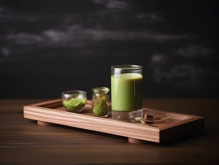 Matcha in glass on wooden tray, Japanese drinks. Generative AIの素材