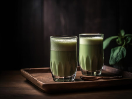 Matcha in glass on wooden tray, Japanese drinks. Generative AIの素材