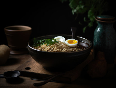 Hot delicious Japanese ramen noodles with egg. Generative AIの素材