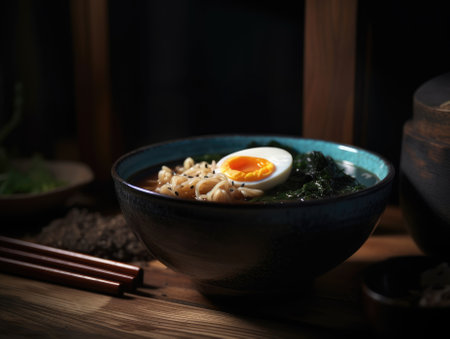Hot delicious Japanese ramen noodles with egg. Generative AIの素材