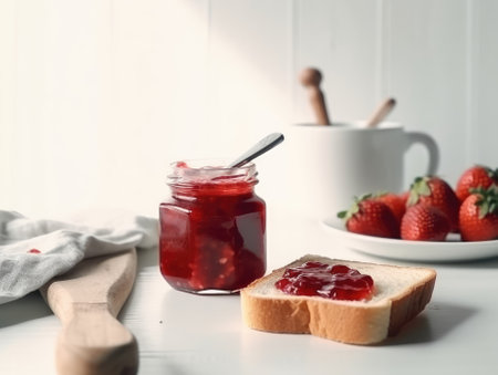 Toast with strawberry jam for breakfast on white table. Generative AIの素材