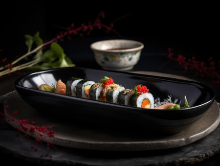 Delicious sushi rolls on black table, Japanese food. Generative AIの素材