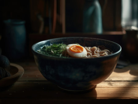 Hot delicious Japanese ramen noodles with egg. Generative AIの素材