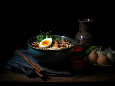 Hot delicious Japanese ramen noodles with egg. Generative AIの素材