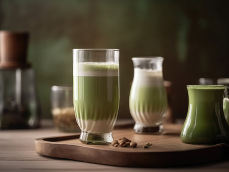 Matcha in glass on wooden tray, Japanese drinks. Generative AIの素材