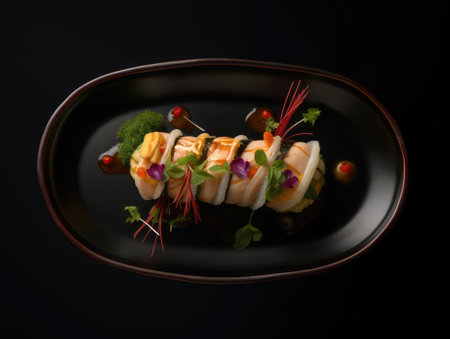 Top view of delicious sushi rolls on black table, Japanese food. Generative AIの素材