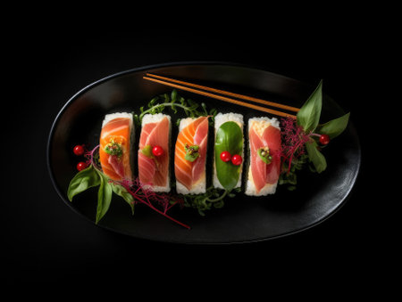 Top view of delicious sushi rolls on black table, Japanese food. Generative AIの素材