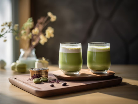 Matcha in glass on wooden tray, Japanese drinks. Generative AIの素材