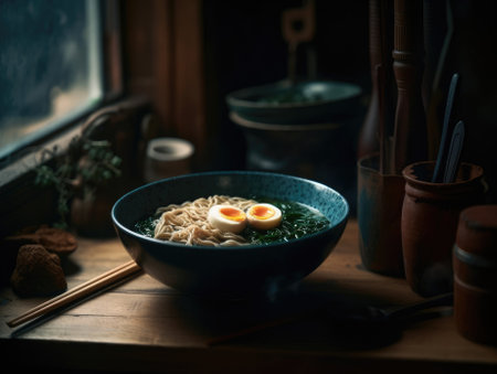 Hot delicious Japanese ramen noodles with egg. Generative AIの素材