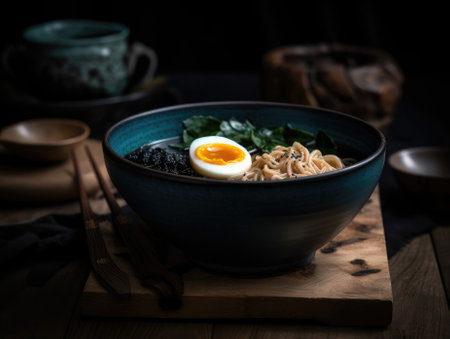 Hot delicious Japanese ramen noodles with egg. Generative AI