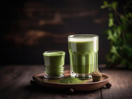 Matcha in glass on wooden tray, Japanese drinks. Generative AIの素材