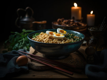 Hot delicious Japanese ramen noodles with egg. Generative AIの素材
