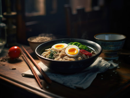 Hot delicious Japanese ramen noodles with egg. Generative AIの素材