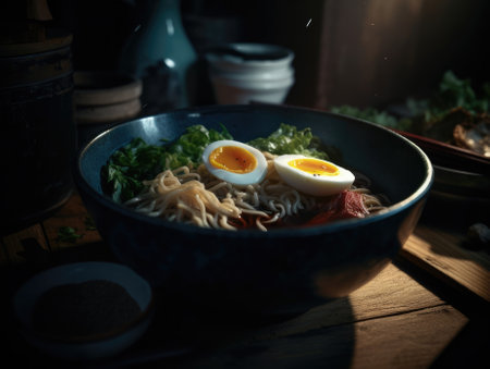 Hot delicious Japanese ramen noodles with egg. Generative AIの素材