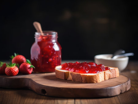 Toast with strawberry jam for breakfast on wooden table. Generative AIの素材
