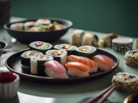 Delicious sushi rolls on black table, Japanese food. Generative AIの素材