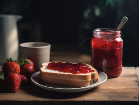 Toast with strawberry jam for breakfast on wooden table. Generative AIの素材