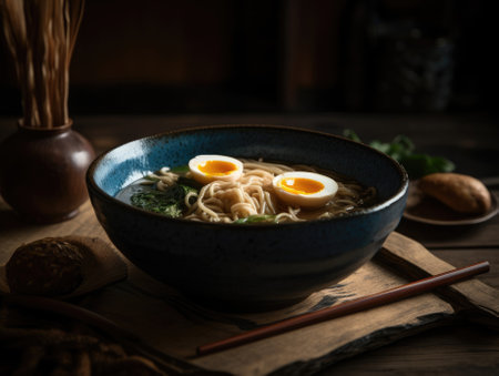 Hot delicious Japanese ramen noodles with egg. Generative AIの素材