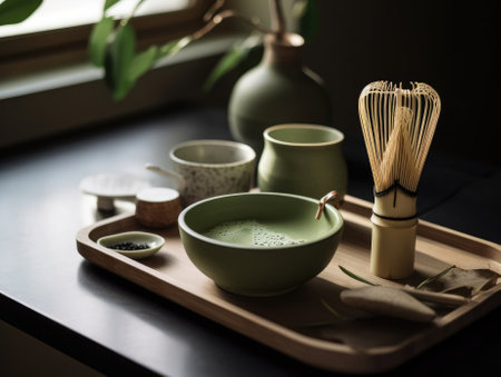 Organic matcha green tea ceremony on table. Generative AI