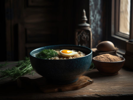 Hot delicious Japanese ramen noodles with egg. Generative AIの素材