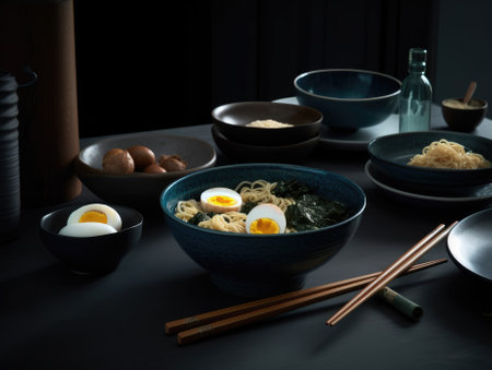 Hot delicious Japanese ramen noodles with egg. Generative AIの素材