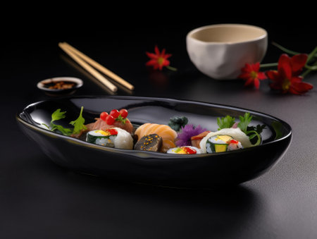 Delicious sushi rolls on black table, Japanese food. Generative AIの素材