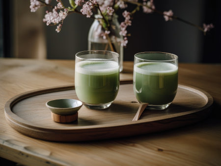 Matcha in glass on wooden tray, Japanese drinks. Generative AIの素材