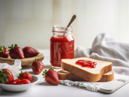 Toast with strawberry jam for breakfast on white table. Generative AIの素材