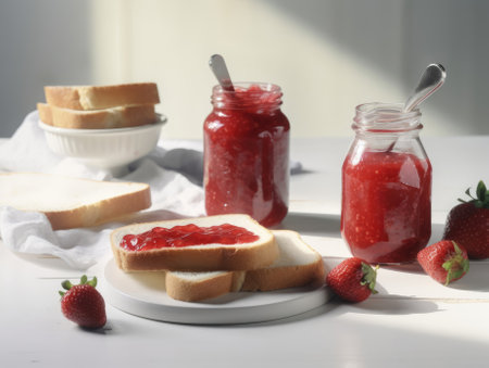 Toast with strawberry jam for breakfast on white table. Generative AIの素材