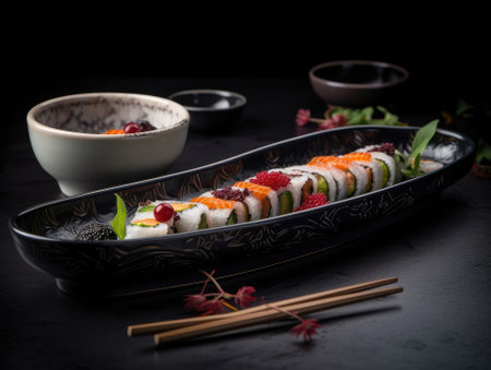 Delicious sushi rolls on black table, Japanese food. Generative AIの素材