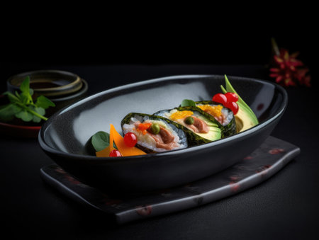 Delicious sushi rolls on black table, Japanese food. Generative AIの素材