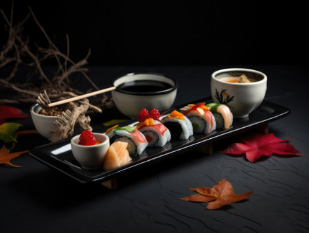 Delicious sushi rolls on black table, Japanese food. Generative AIの素材
