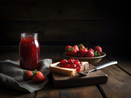 Toast with strawberry jam for breakfast on wooden table. Generative AIの素材